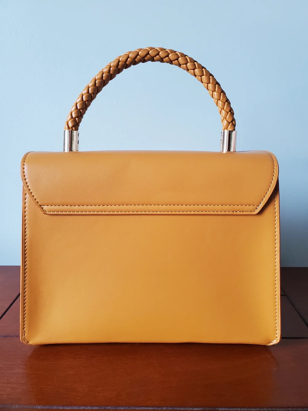 Structured Yellow Satchel with Braided Top Handle and Bow Accent